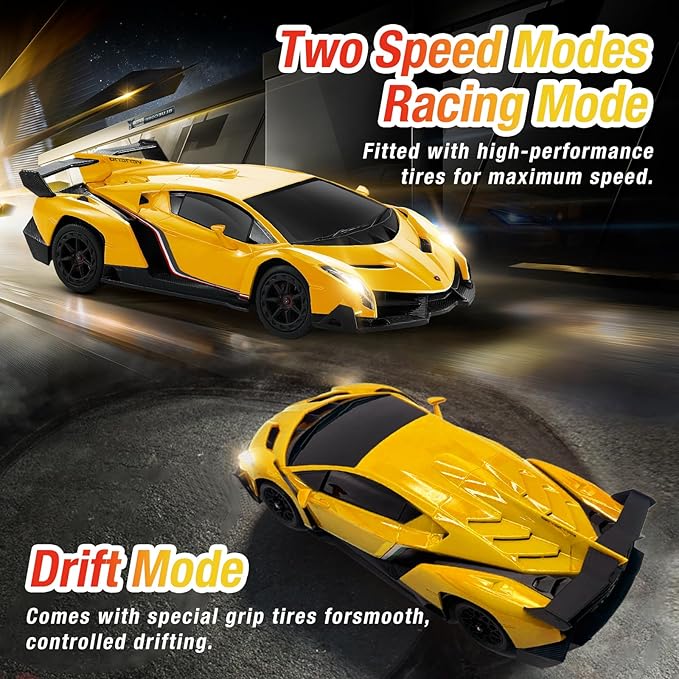 Lamborghini Remote Control Car for Boys 3-7, 1:18 Scale Lambo Toy Car Official Licensed,RC Drift Car 20Km/h with LED Lights, 2.4GHz RC Cars for Adults Boys Girls 8-12 Birthday Gifts (Yellow)