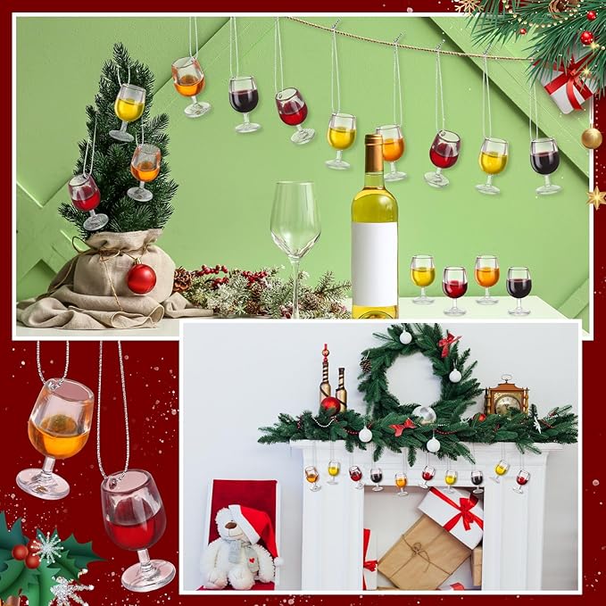 Haiabei 48Pcs 3D Mini Christmas Wine Cup Ornaments with 48Pcs Silver Hanging Rope Acrylic Wine Bottle Flat Christmas Ornaments Theme Miniature Bottles for Tree Living Room Dining Decoration,4 Colors