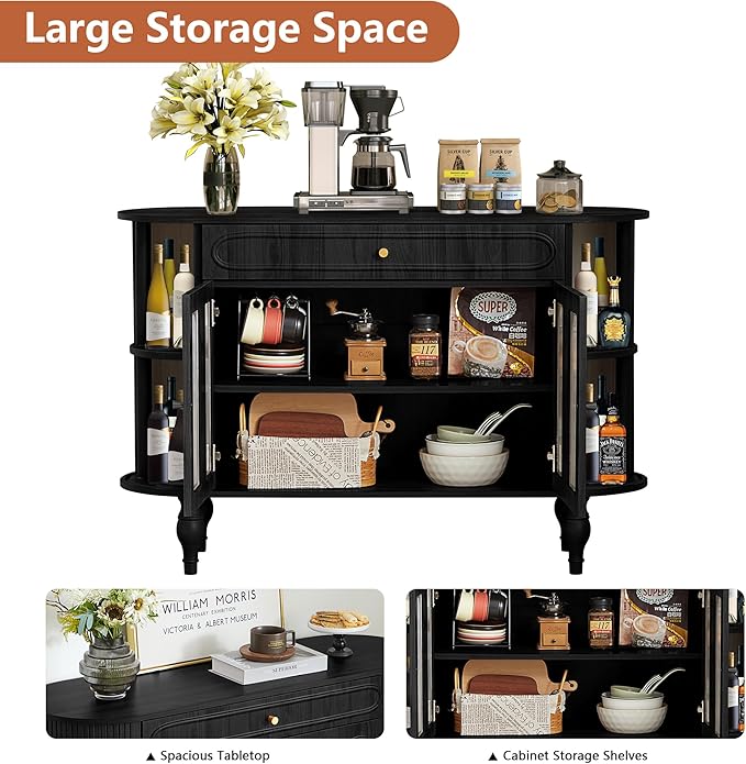 47'' Fluted Sideboard Buffer Cabinet with Drawer, Modern Credenza Storage Cabinet, Bar Cabinet Console Table with Tambour Sliding Side for Living Dining Room Kitchen Hallway Entryway, Black