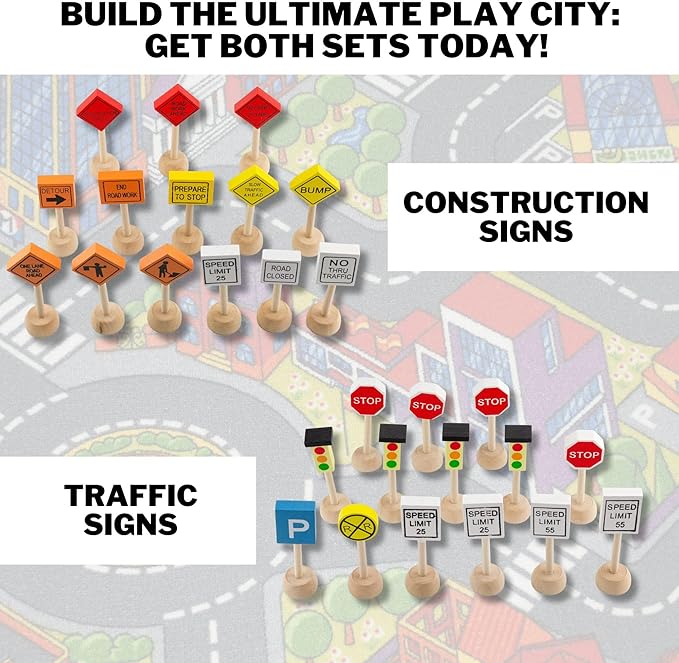 Attatoy Toy Wooden Road Construction Traffic Sign Set; Street Signs Small Toy Cars and Other Diecast Vehicles & Wood Cars & Toys