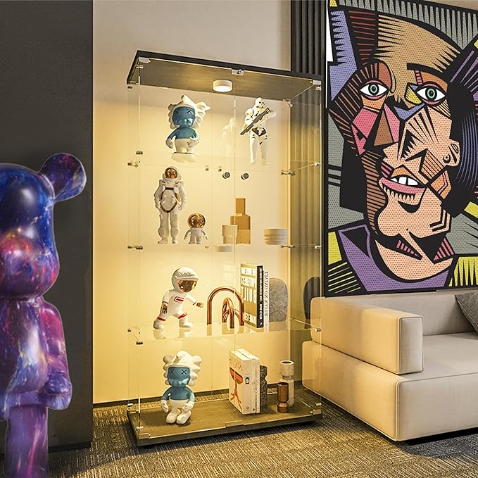 Glass Display Cabinet with Lights and Lock, 4-Tier Display Case Curio Cabinet with Glass Door, Floor Standing Showcase for Living Room Bedroom Home Office 31" W x 14.3" D x 64.5" H