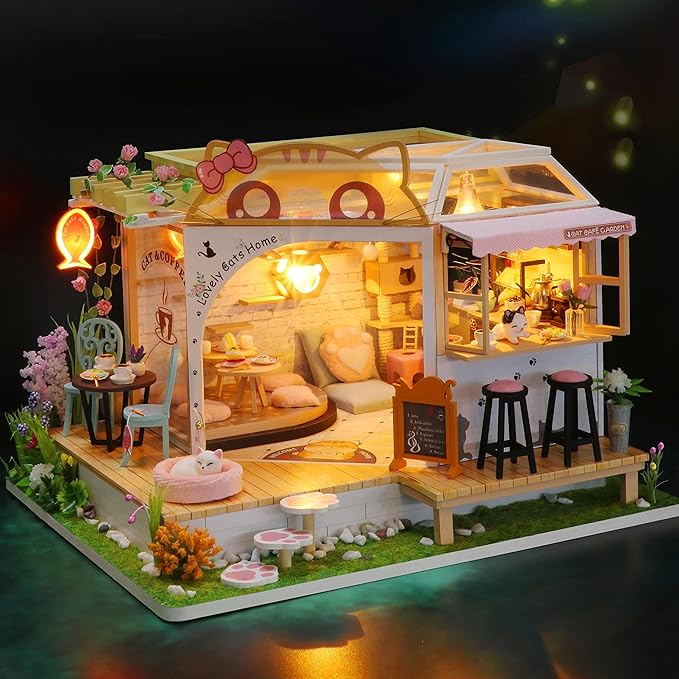 GuDoQi DIY Miniature Dollhouse Kit, Tiny House kit with Music, Miniature House Kit 1:24 Scale, Great Handmade Crafts Gift for Christmas Day Birthday Christmas Day,Lovely Cats' Coffee Shop