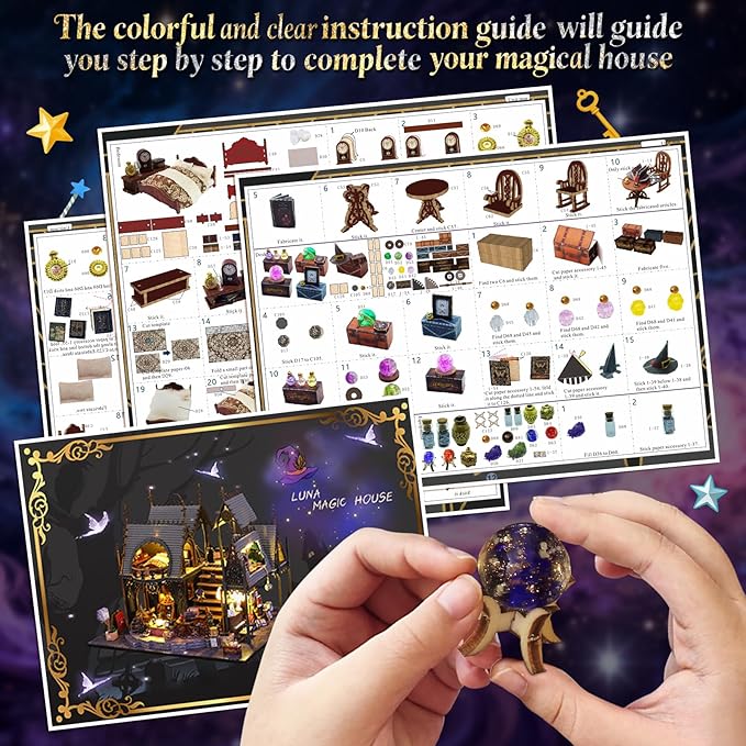 FLYINTOYS DIY Miniature House Kit with LED Light, Mini House Building Kit with Furniture, 3D Wooden Puzzles Dollhouse Bookshelf Insert Decor Kit for Family and Friends (Luna's Magic House)