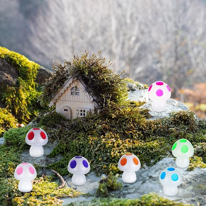 Queekay 50 Pcs Mini Resin Mushroom Luminous Tiny Mushroom Glow in The Dark Ornament for Dollhouse Garden Decoration DIY Craft Micro Landscape Aquarium Party Decor