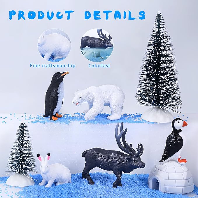 56Pcs Arctic Animal Toy, Mini Figures Polar Bear, Penguin, Caribou, Snowy Owl, Pine Trees, Ice Igloo Rocks for Kids School Project Diorama Sensory Cake Decorations Party Gift