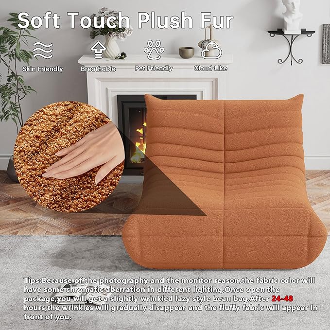 Bean Bag Chairs for Adults, BeanBag Reading Chair Memory Foam Couch 3-Seater, Floor Chair Soft Teddy Material, Comfy Reading Nook Chairs for Bedroom Living Room Office (Orange)