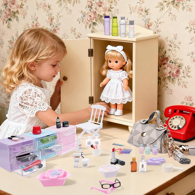 77 Pcs Miniature Dollhouse Accessories, Dollhouse Bathroom Accessories Set with Storage Cases Cosmetic Set Towel Shampoo Perfume Hair Dryer Comb Mask Soap Toiletries Set for Girl Micro Scene