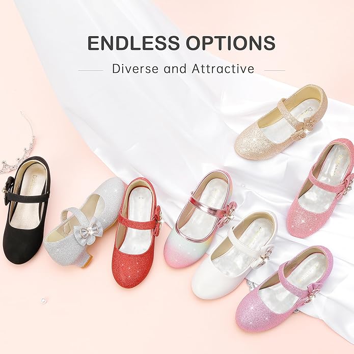 Dufannie Girls Dress Shoes Low Heel Princess Flats Mary Jane Flower Wedding Party Glitter Shoes for Kids Toddler