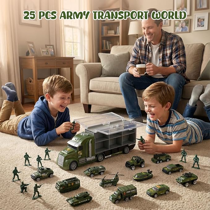 LovesTown 25 in 1 Green Military Big Truck Toys, Army Men Carrier Truck with Tanks & Soldier Men, Battle Vehicles with Lights and Sounds, Birthday Gifts for Boys
