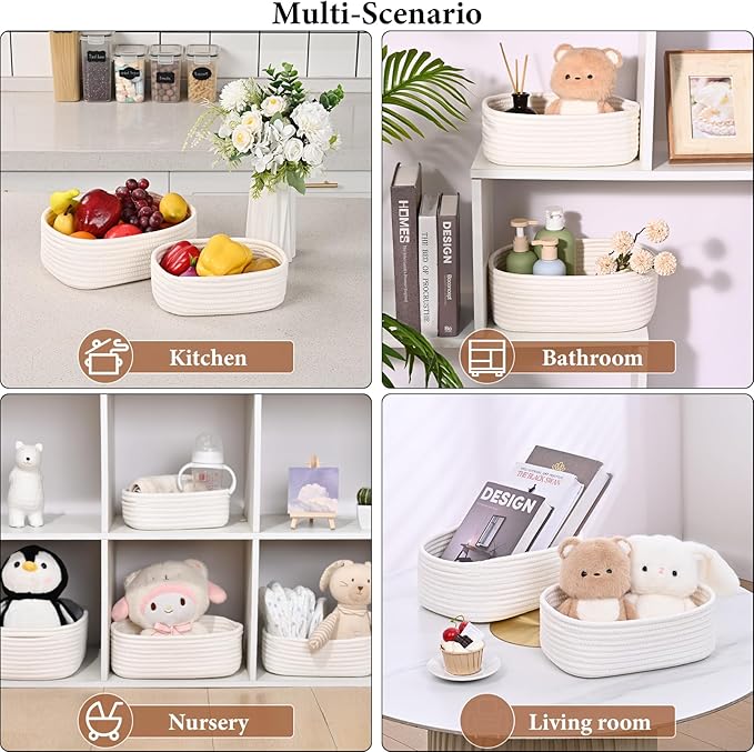 Storage Baskets for Organizing, Small Woven Basket Set of 4 - Cotton Rope Baskets for Shelves, Organizer Baskets are Ideal for Nursery, Bedroom, as Gift Basket Empty for Baby Shower, Festival