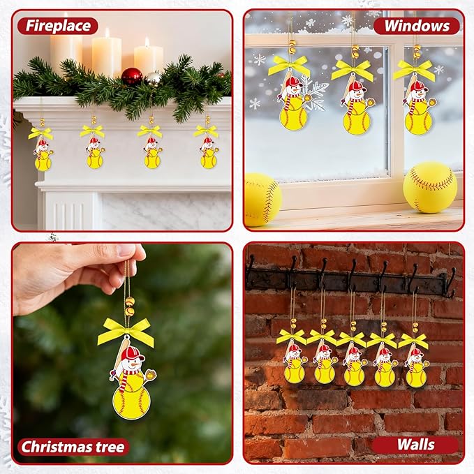 4.3 Inches Snowman Softball Christmas Ornament, Wooden Softball Snowman Tree Ornament Hanging Decoration for Rearview Mirror, Window, Eaves, Fireplace and Home Holiday Party Decor