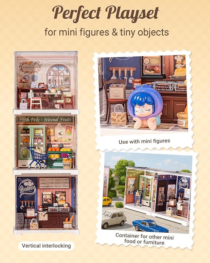 Rolife Super Creator Mini Store Playset DIY Miniature Kit with Dust Cover - House Toy Building Set Display Mini Collectibles Role Play Doll Figurines (Butter Bakery House)