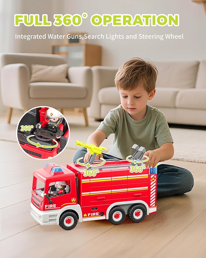 Large Fire Truck Toy with 2 Firefighters & Rescue Tools, Lights & Siren Sounds, Assemble Fire Rescue Truck Vehicle Toy for Boys Girls 3+, Christmas Birthday Gift