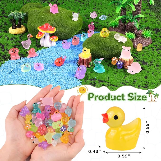 105PCS Mini Resin Animals Tiny Cute Figurines Glow in Dark, Miniature Figures to Hide, Little Animal Small Accessories for Topper Desk Garden Dollhouse Landscape Aquarium Ornaments Crafts & Decor