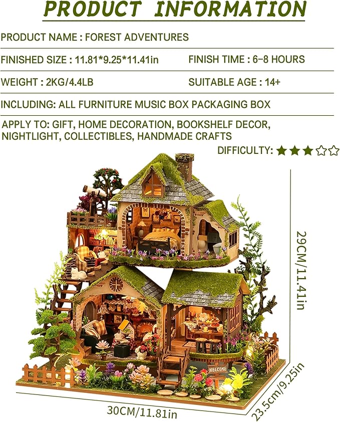 Spilay DIY Miniature House Kit, DIY Dollhouse Kit with Music Box, Forest Adventures 3D Wooden Puzzle Book Nook Kit for Adult, Bookshelf Decor&Gift for Birthday Halloween Christmas
