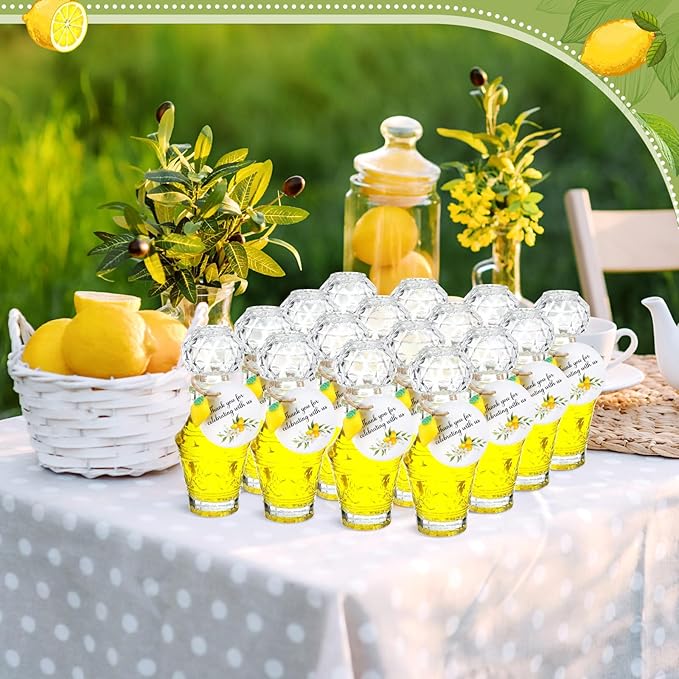 Chuangdi 16 Sets Mini Limoncello Glass Bottles Limoncello Bottles with Labels 1.7 oz Lemon Pendants Lemon Party Favors for Homemade Brewing Wedding Baby Shower Gifts(Retro)