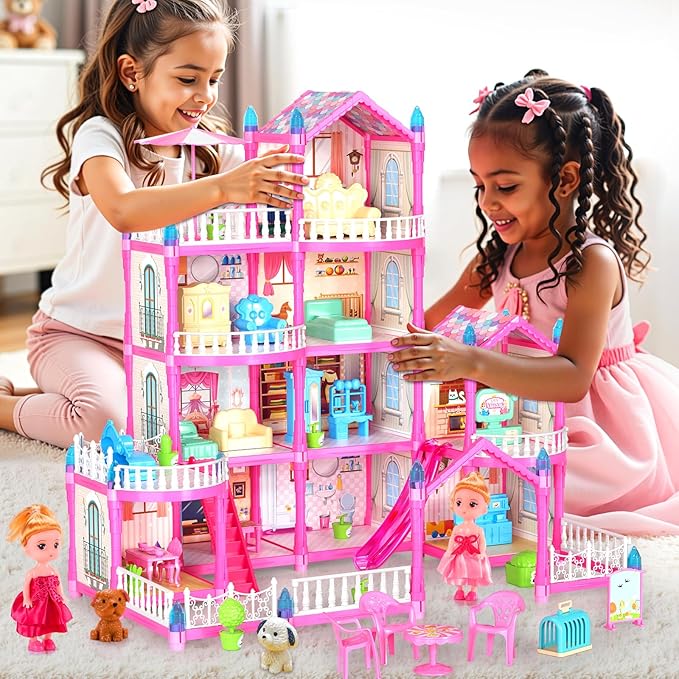 Pupu Pig Doll House Toys for Girls, Dollhouse with Glow in The Dark, Kids Doll House Playset with 4-Story 14 Play Areas, 2 Dolls, Toy Dogs, Dollhouse Accessories and Furniture, Princess Toy Gifts