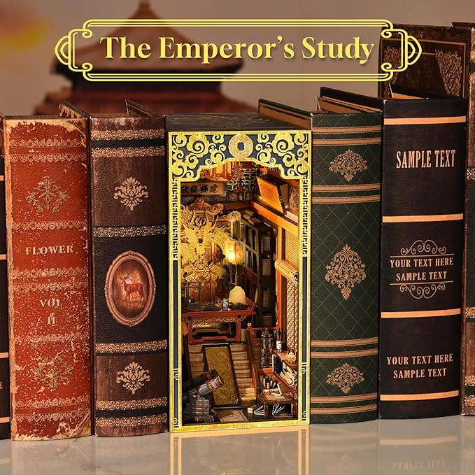 Book Nook Kit, 3D Wooden Puzzle for Teens and Adults, DIY Miniature Dollhouse Booknook Kit Bookend Bookshelf Insert Decor with LED Light (The Emperor’s Study)