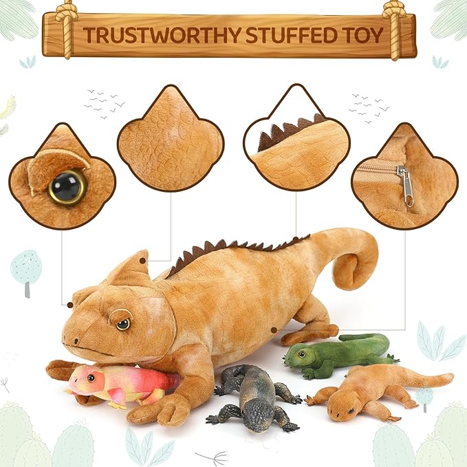 5Pcs Giant Lizard Plush, 27" Mother Iguana Stuffed Animal with 4 Baby Lizard Plushies, Bearded Dragon Plush Toy for Kids Reptile Lovers, Yellow Stuffed Chameleon for Christmas Birthday Gift