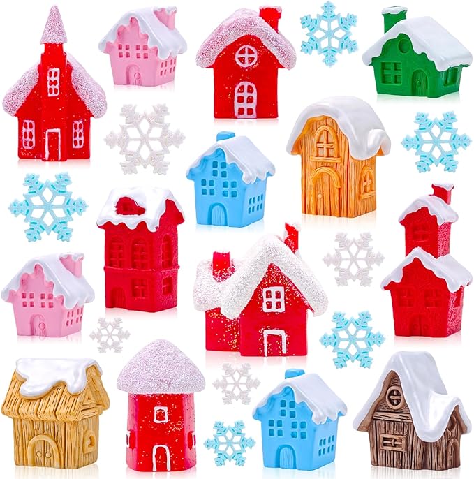 30 Pcs Christmas Mini Village House Figurines with Snowflakes Tiny Little Winter House Miniature Figures for Holiday Crafts Garden Micro Landscape Home Table Decor