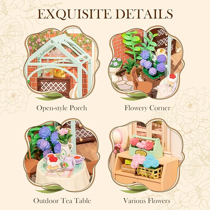 ROBOTIME Super Creator Toy Building Set DIY Miniature House Kit with LED Tiny Room Making Kit Expandable Plastic Craft Toy for Creative Play Home Decor Unique Hobby Gift (Blooming Tea Garden)