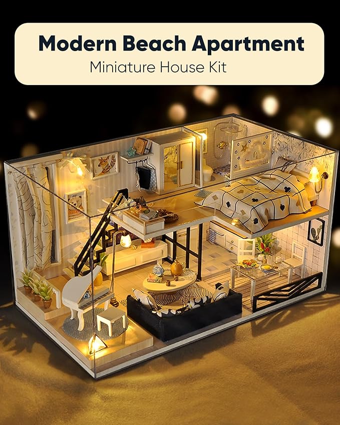 DIY Miniature House Kit, DIY Dollhouse Kit for Adults to Build, Mini House Kit with LED, Mayberry Street Miniatures, Ideal Gifts for Birthday, Halloween Christmas(Satisfied Apartment)