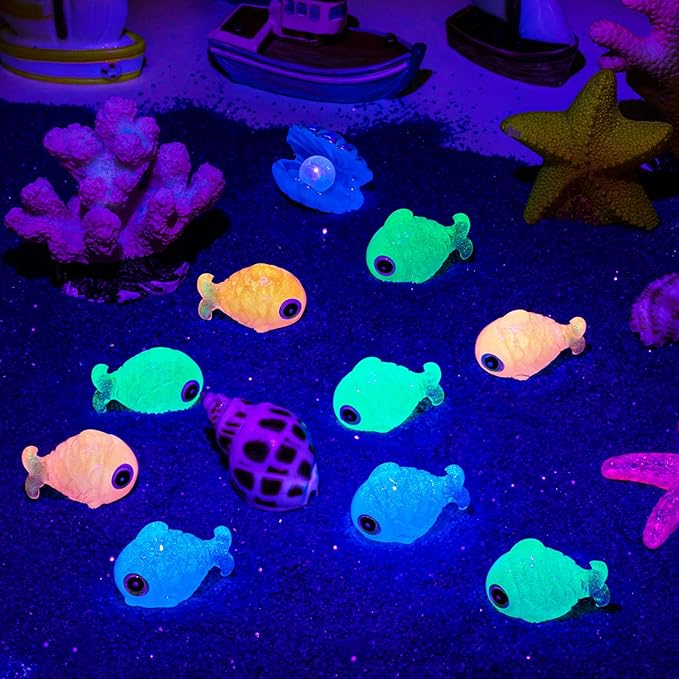 LHSYFBZ 48Pcs Luminous Mini Resin Fish, Miniature Glow in The Dark Fish Ornament for Garden, Landscape, Aquarium, Dollhouse, Birthday Party, Room Crafts Decor