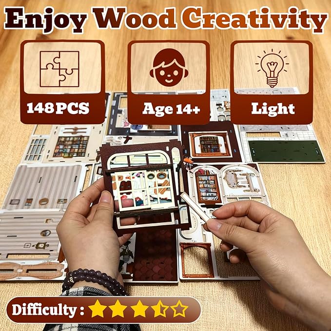 3D Wooden Puzzles Book Nook Kits for Adults Miniature House Building Kits, DIY Tiny Wooden Crafts Model Bookshelf Decor with LED Lights, Gifts for Family, Friends, Christmas(Bookstore)