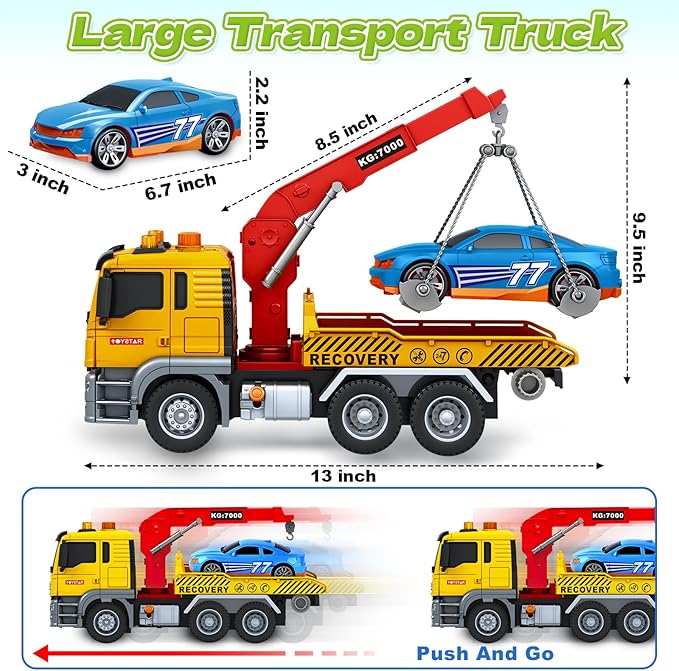 Kids Toys for 3 4 5 6 7 Years Old Boys, Large Tow Truck Toy, Friction Powered Transport Truck Crane Vehicle Toy with Lights and Sounds, Racing Car, Birthday Gifts for Boys Girls