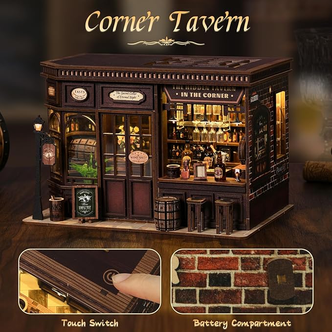 Corner Tavern Book Nook Kits for Adults - DIY Miniature Doll House Kit with LED Lights, 3D Wooden Puzzles, Teens & Beginners, Unique Gift for Book Nooks Lovers, Bookshelf Decor