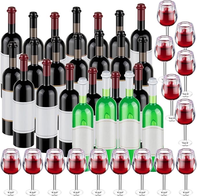 24 Pcs Mini Wine Bottles, 1:12 Scale Miniature Red Wine Bottle, Dollhouse Miniature Bottles, Mini Cocktail Glasses Drink Cups for Dollhouse Kitchen Decoration Accessories