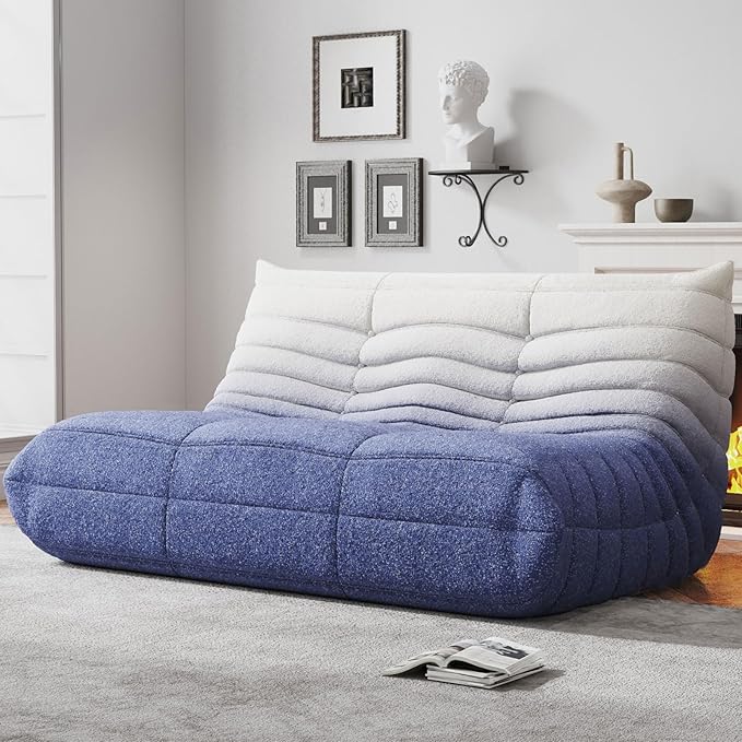 Bean Bag Chairs for Adults, Memory Foam Couch Loveseat Sofa Chair, Soft Teddy Material Cozy Comfy Reading Nook Chairs, Floor Chair for Living Room Bedroom Office(Blue-White)