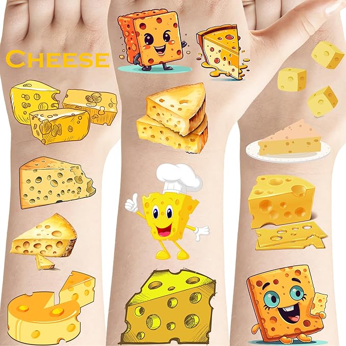 PIBIPAID 240 Cheese Tattoos Temporary Stickers Cheese Party Supplies Decorations Camping Themed Birthday Baby Shower Party Tattoos