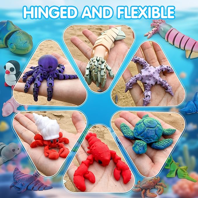 3D Printed Animal Figures Set, 18Pcs 3D Printed Toys, Ocean Animal Figurines Toys, Fidget Articulated Flexible Toy for Party Favors Birthday Gifts Office Desktop Home Decoration