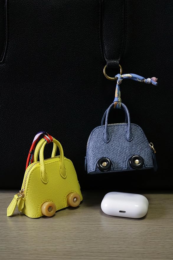 Buyborgood Women's 2 PCS Mini Tote Bag Charms Keychain Pouch Small Coin Purse Wallet, Denim+Yellow