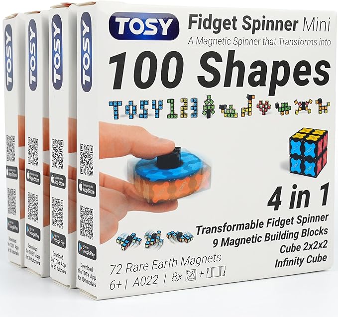 TOSY Magnet Fidget Spinner Mini - 8 Blocks, 3 in 1 Toy: Transformable Fidget Spinner, Infinity Cube, 2x2 Puzzle Cube, Easter Valentine Gift for Kids/Adults, STEM Sensory Stress Relief Toy, 4-Pack