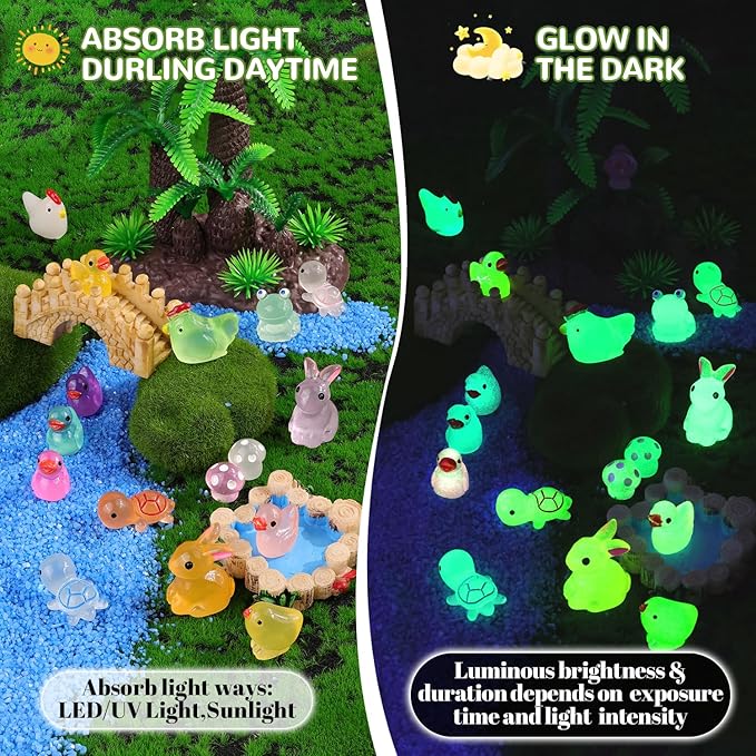 110PCS Mini Resin Animals Tiny Cute Figurines Glow in Dark, Miniature Figures to Hide, Little Animal Small Accessories for Topper Desk Garden Dollhouse Landscape Aquarium Ornaments Crafts & Decor