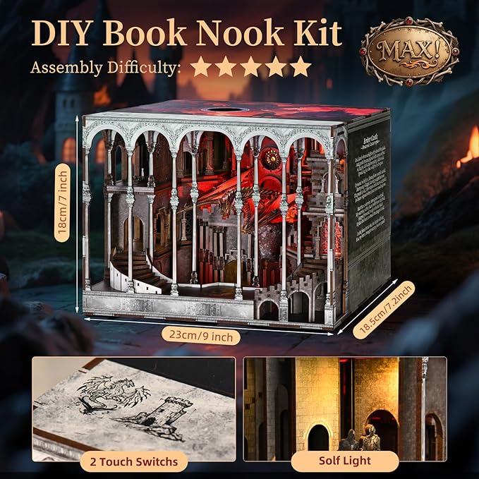 Book Nook Kit, DIY Miniature House Kit for Adults, Teens, Dollhouse Booknook Tiny House Bookshelf Decor with LED Light, Gifts for Family, Friends (Ember Castle)