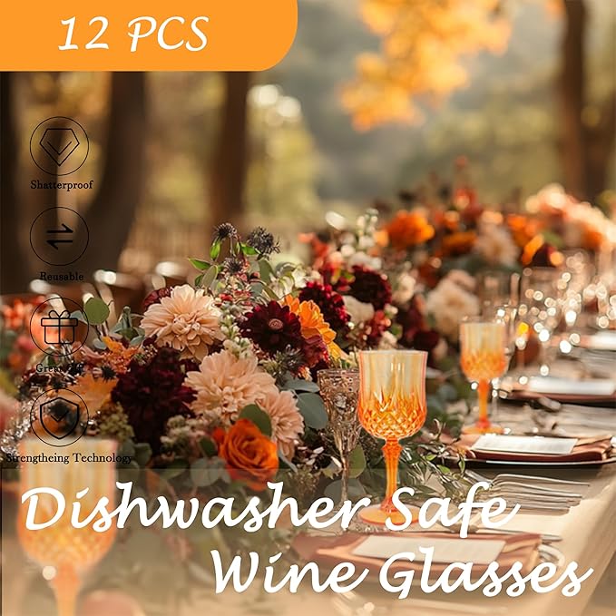 LEYIQU Plastic Wine Glasses, Plastic Goblets Vintage Style Cordial Drinking Glasses for Valentine’s Day, Wedding Reception, Grand Event Party Supplies (12, Pumpkin orange)