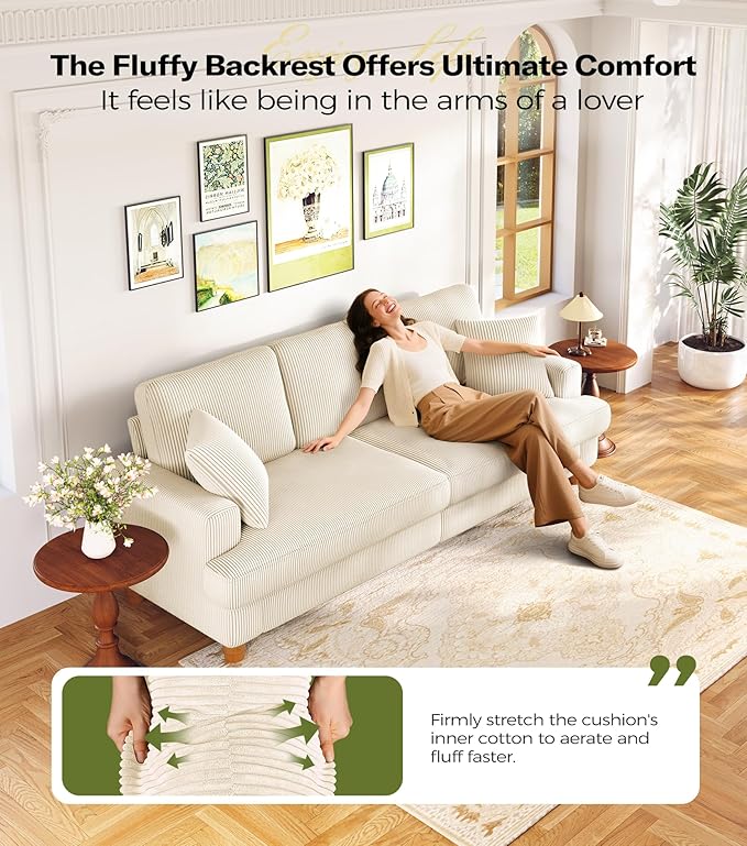 87in Corduroy Couch, Kidirect Sofa No Tool Assembly, Comfy Couches for Living Room 21in Deeper Seats, Corduroy Sofas for Living Room with 2 Pillows, Oversized Loveseat Sofa, Boho Love Seat Beige Couch