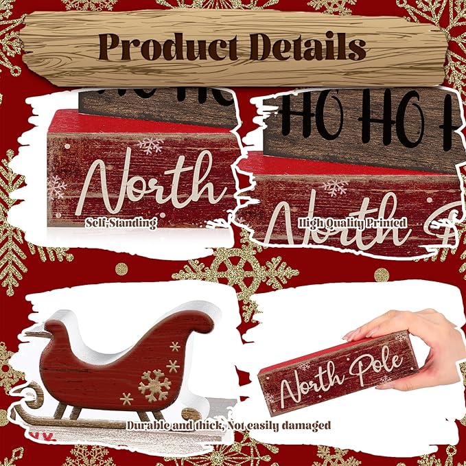 Moucuny 4 Pcs Reindeer Christmas Table Decor Wooden Reindeer Christmas Tiered Tray Decor Xmas Centerpiece Decorative Red Deer Pulled Sleigh Block Signs Gift Farmhouse Xmas Decoration for Home Kitchen