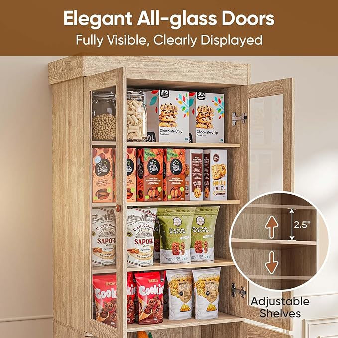 71" Tall Farmhouse Kitchen Pantry, Rustic Brown Large Storage Cabinet with Glass Doors, Adjustable Shelves, Wood Versatile Hutch Cabinet for Dining Room, Living Room, 3 Pcs