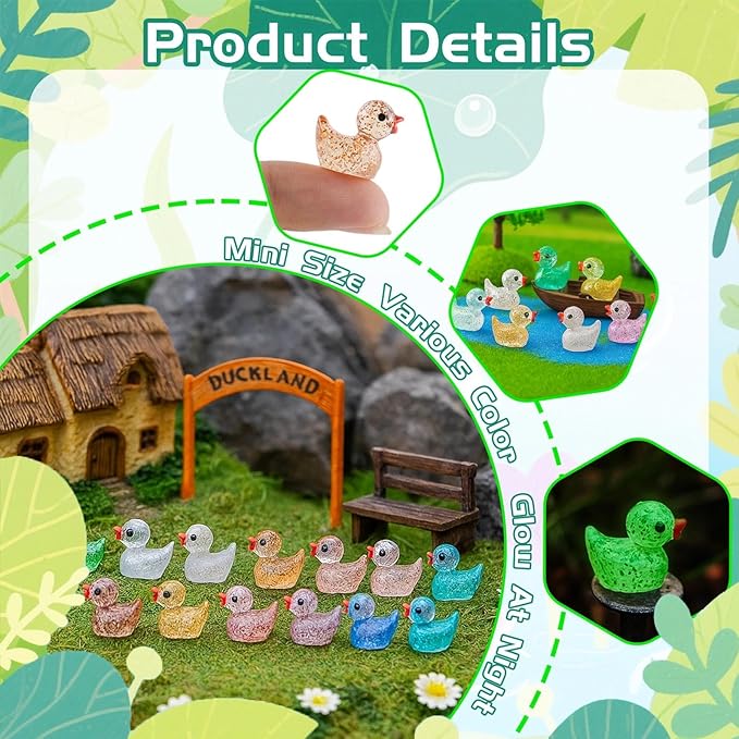 240pcs Mini Glitter Ducks Colorful Tiny Small Little Resin Duck for Dollhouse Fairy Garden Landscape Fish Tank Aquarium Decorations Animals Figures to Hide Miniature Cute Micro Prank Accessories