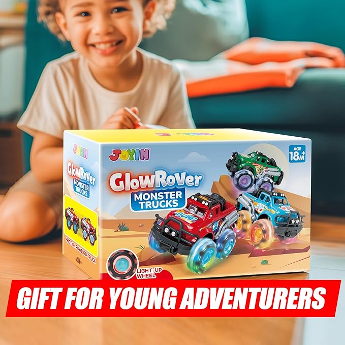 3Pack Monster Truck Toy - Toy Truck with Flashing LED Wheels - Light-Up Cars for Toddlers - Easter Basket Stuffers Birthday Gift for Boys Girls - Friction-Powered