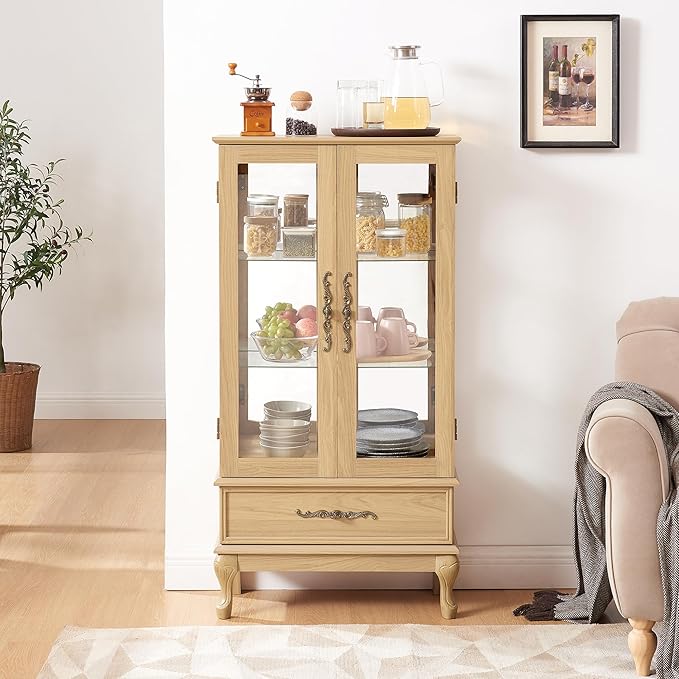 51" H Lighted Curio Display Cabinet with 2 Doors & 1 Drawer, Wooden Glass Curio Showcase w/Adjustable Shelves & Mirrored Back Panel, Storage Cabinet Display Case for Living Room (Light Oak)