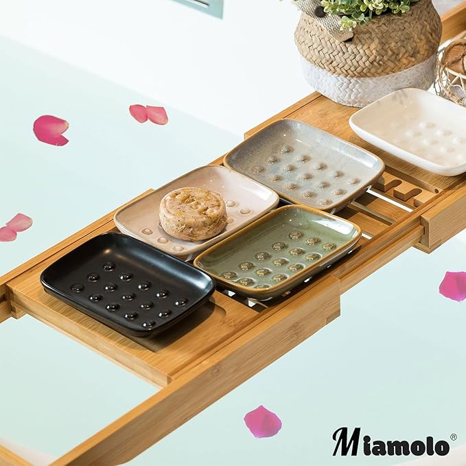 Miamolo Soap Dish for Shower, Ceramic Soap Dish Non-Slip Soap Holder Bar Saver Tray for Bathroom Kitchen Sink, Floating Point Design Save Soap Loss