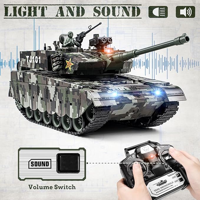 1:18 RC Tank, 2.4Ghz Chinese 99 Main Remote Control Battle Tank, 15 Channel RC Vehicle Army Toy with Smoke, Light and Sound, Military Truck for Adults and Kids