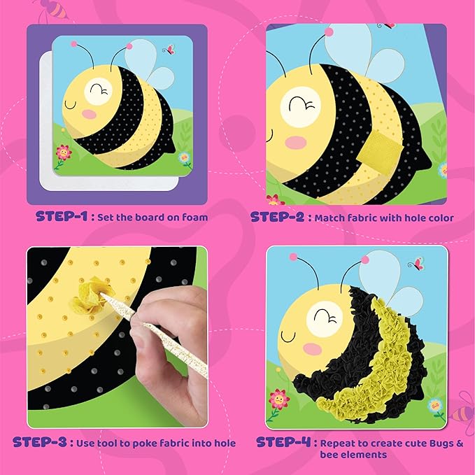 jackinthebox Poke Poke Art – Bugs Theme, Mess-Free Fabric Art and Craft, Flower Pressing Kits, Gift for Kids, Toys for Girls and Boys Ages 4 5 6 7 8