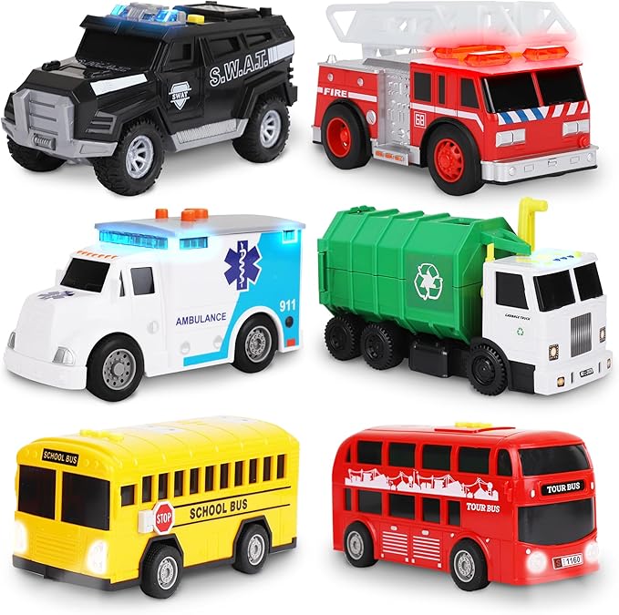 Playkidiz Toy Cars for Toddlers - 6Pcs Pull Back Cars Toys with Light and Sounds, City and emergency vehicles set, Including Police Car, Fire Truck, Ambulance, School bus, Tour Bus, Garbage Truck
