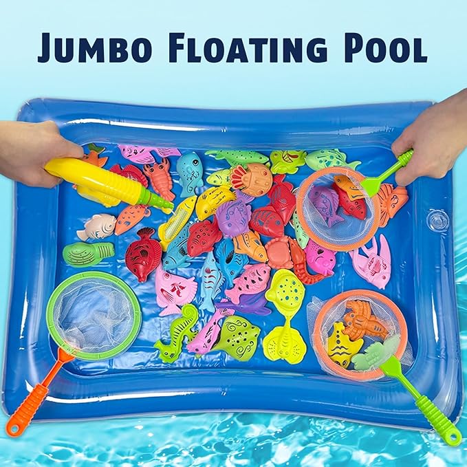 CozyBomB™ Magnetic Fishing Toys Game Set for Kids | Water Table Bathtub Kiddie Pool Party Pole Rod Net, Outdoor Plastic Floating Fish, Toddler Bath Color Ocean Sea Animals Birthday Gift Age 3-5 6 4-8
